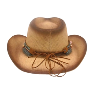 Detail of western straw hat with decorative beads, fringe, and vintage brown dye finish