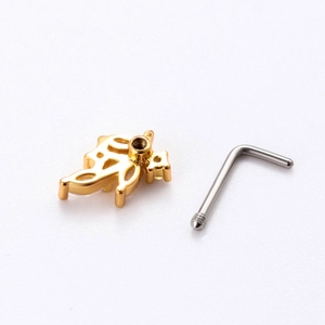 20G titanium steel L-shaped nose stud with gold leaf zirconia design on white background