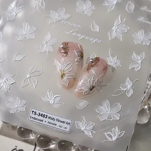 5D embossed floral nail art stickers with white 3D texture and elegant flower patterns