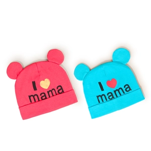 Cute baby knit hats with bear ears featuring I Love Mama print in coral and blue