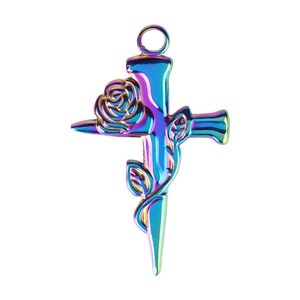 Rainbow 18k gold plated 304 stainless steel cross pendant with rose flower detail