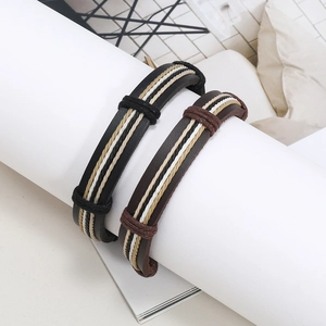 Men's multi-layer woven leather bracelet featuring black and brown hand-braided ropes