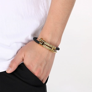 Men's punk style black braided leather bracelet with gold stainless steel nail head