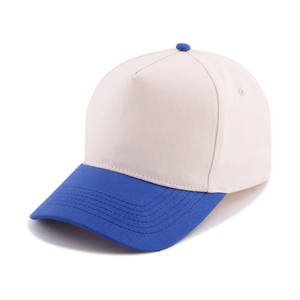 Detail of five-panel cotton baseball cap with blue and beige color block design