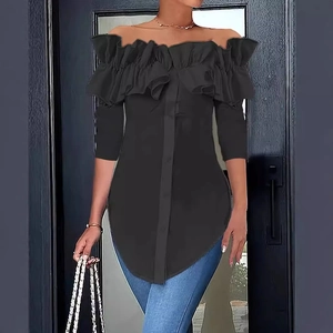 Women's black off-shoulder ruffled long blouse with minimalist autumn style and slim fit