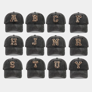 Retro Washed Cotton Baseball Cap Leopard Print Initial Letter Chenille Patch Adjustable Distressed Sun Hat Vintage