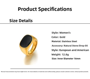 Detailed size chart showing 16mm inner diameter of gold-plated stainless steel ring
