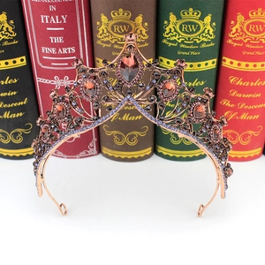 Vintage Baroque bridal crown with bronze metal, red teardrop gems and purple rhinestones