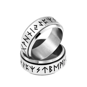 Polished stainless steel spinning ring with engraved Norse Viking Runes in silver finish