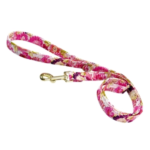Pink floral pet leash featuring high-density fabric and gold metal safety buckle clasp