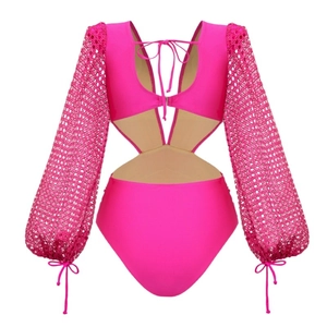Neon rose pink long sleeve swimsuit with deep V hollow out design and crochet mesh sleeves