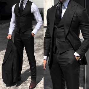 Classic black slim fit three-piece suit including blazer vest and trousers for men