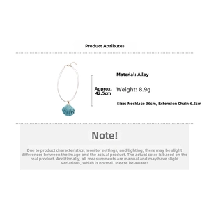Detail of blue shell pendant necklace with alloy chain length 36cm and 6.5cm extension