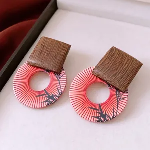 Vintage wooden round drop earrings with bamboo print for women in ethnic style
