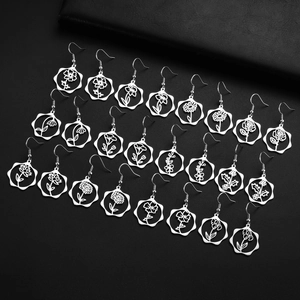 Birth flower drop earrings in silver stainless steel with hollow daisy rose floral design