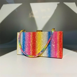 Elegant rainbow rhinestone clutch bag with colorful gradient crystals and gold chain strap