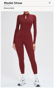 Detail of cherry red long sleeve thermal yoga bodysuit with stand collar and front zipper