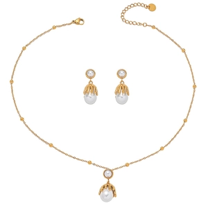 Vintage gold-plated titanium necklace and earring set with irregular teardrop pearls