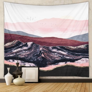 Close-up of abstract mountain landscape tapestry with marble texture and gold line details