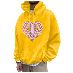 Unisex bright yellow fleece hoodie with pink heart rib print and drawstring hood