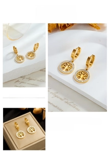 Detailed close-up of golden Tree of Life earrings with sparkling zircon pave set on round discs
