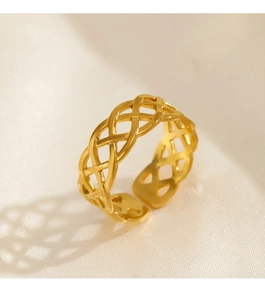 Detail of hollow woven texture and 18K gold plating on adjustable stainless steel ring