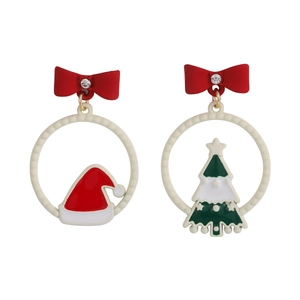 Detailed macro of asymmetric Christmas tree and Santa hat bow earrings with enamel finish
