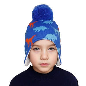Detail of blue knit dinosaur hat with earflaps and soft white sherpa fleece lining