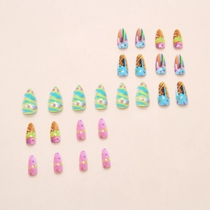 24 pieces of ice cream themed press on nails with sprinkles and cone pattern designs