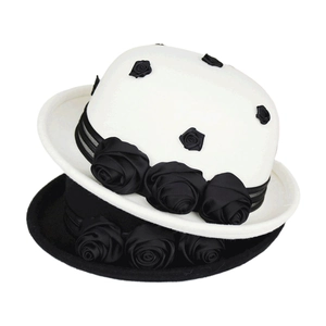 French retro wool felt bowler hat for women, elegant black flower dome hat rolled brim.