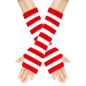 Detail view of red and white striped knitted arm warmers with fingerless design