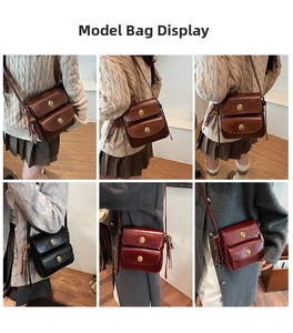 Multi-angle view of vintage oil wax leather crossbody bags in brown, black, and burgundy colors