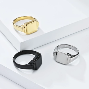 Minimalist square signet rings in gold, silver, and black polished stainless steel
