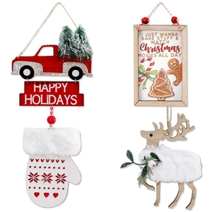 Christmas wooden hanging ornaments set with red car, elk and festive holiday slogans