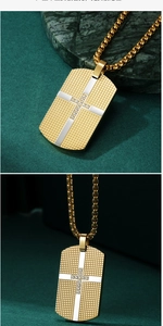 Detail of military dog tag pendant with grid texture and CNC-set stone cross in gold