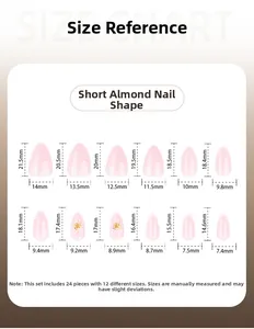 Size chart showing 24 pieces of short almond press-on nails with 3D floral designs