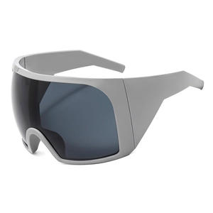 Futuristic silver wrap-around oversized sports sunglasses with dark grey shield lenses