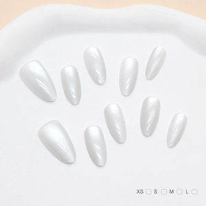 Artificial Pearl White Cat Eye Press On Nails Almond Shape Glossy Minimalist Elegant Handmade Fake Nail Tips For Women