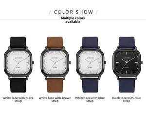 Four colors of square quartz watches for men featuring matte black cases and leather straps