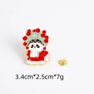 Detailed view of Peking Opera panda enamel pin with dimensions 3.4cm x 2.5cm and 7g weight