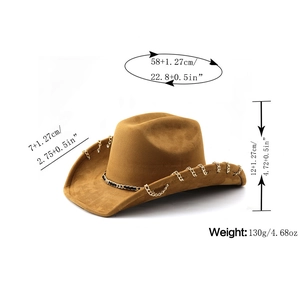 Brown suede cowboy hat with gold chain detail, showing dimensions and 130g weight specs
