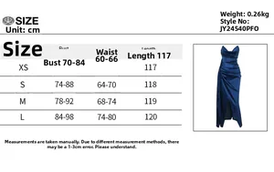 Size chart for V-neck satin split dress including bust, waist, and length in cm