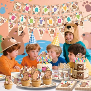 Capybara theme birthday party set including banners, plates and cups with children