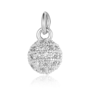 Macro shot of silver sphere pendant with clear zircon pave setting and polished metal loop