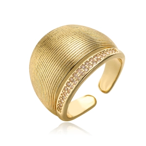 Luxurious 18K gold plated wide open ring with geometric parallel textures and zircons