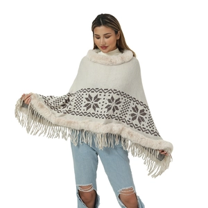 Women's knit poncho with faux fur collar and fringe hem in beige and brown patterns