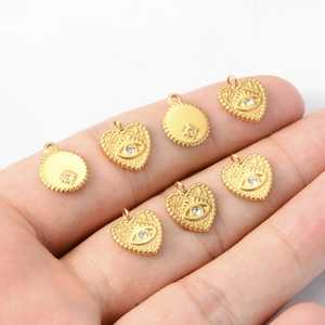 18k gold plated stainless steel heart and round evil eye pendants with white rhinestones