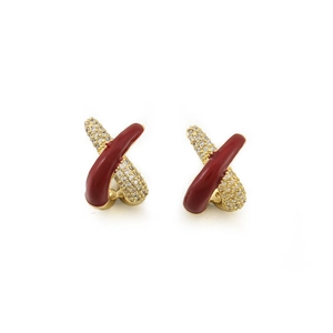 Orecchini vintage a forma di X in oro con smalto rosso e scintillanti pietre di zirconi