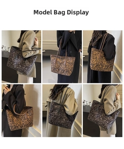 Detailed views of leopard print tote bag in dark grey and coffee brown leather