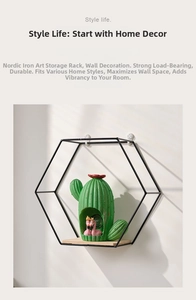 Detail of Nordic hexagonal wall shelf with black iron frame and natural wood base